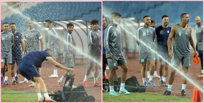 Sân Mỹ Đình phun nước tứ tung khiến cầu thủ Iraq phát bực